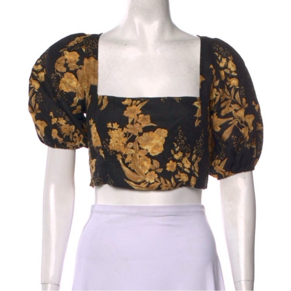 Reformation Yucca Black and Gold Floral Puff-Sleeve Smock-Back Crop Top - Size 6 - Picture 3 of 7
